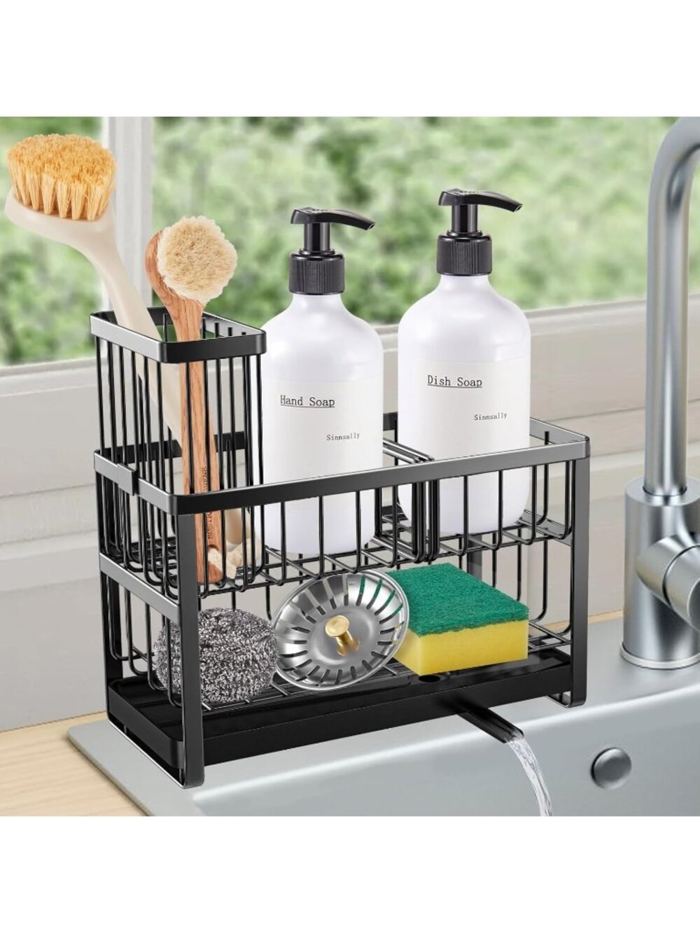 New Black 2 Tier Stainless Steel Sink Caddy Sponge Holder Brush Soap Tray